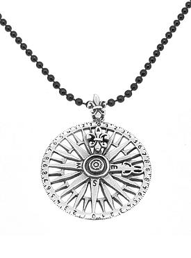 Sterling Silver Unisex Compass Rose Pendant Black Ball Necklace