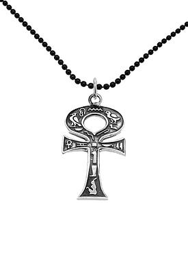 Sterling Silver Egyptian Ankh Cross Pendant Black Ball Necklace